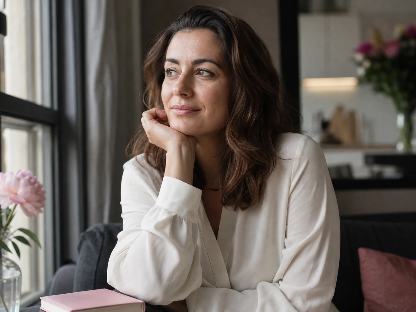A woman sitting calmly with her eyes closed in a safe setting